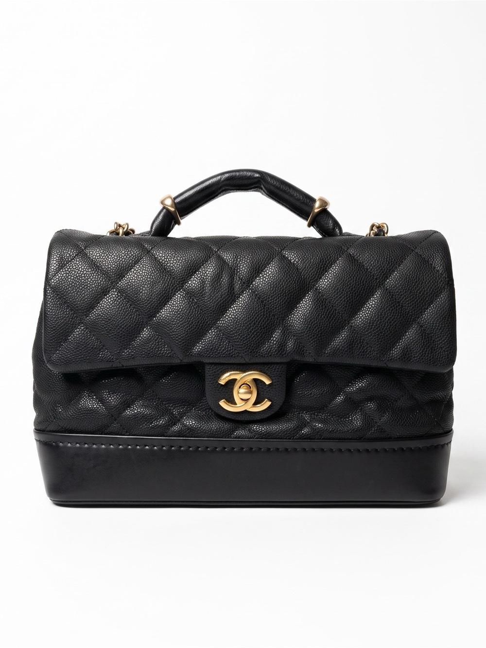 Authentic  CHANEL globe trotter flap Black Quilted Top-Handle Satchel with Gold